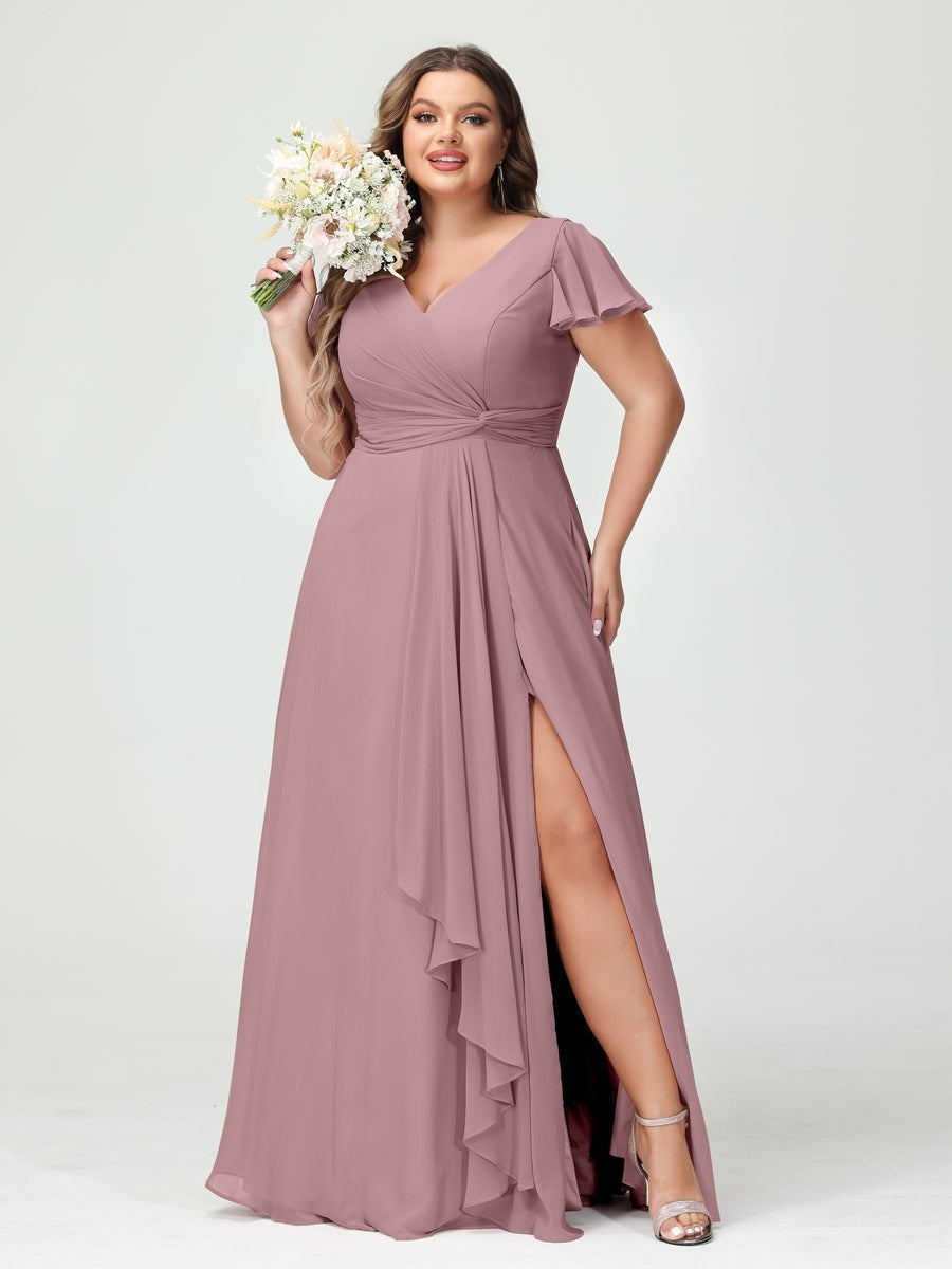 Plus Size Chiffon Bridesmaid Dress with V-Neck, Short Sleeves, and Side Split