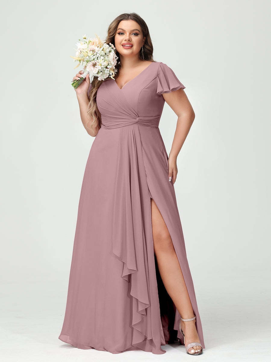 Plus Size Chiffon Bridesmaid Dress with V-Neck, Short Sleeves, and Side Split