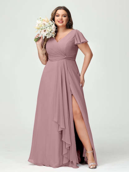 Plus Size Chiffon Bridesmaid Dress with V-Neck, Short Sleeves, and Side Split