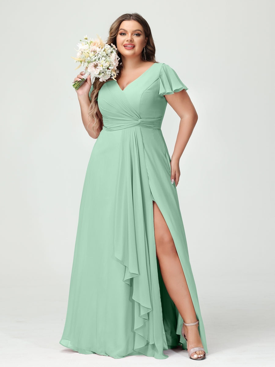 Plus Size Chiffon Bridesmaid Dress with V-Neck, Short Sleeves, and Side Split