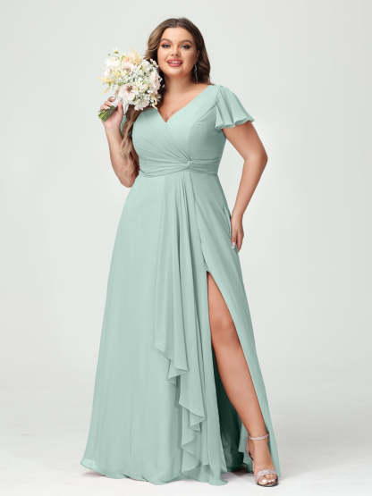 Plus Size Chiffon Bridesmaid Dress with V-Neck, Short Sleeves, and Side Split