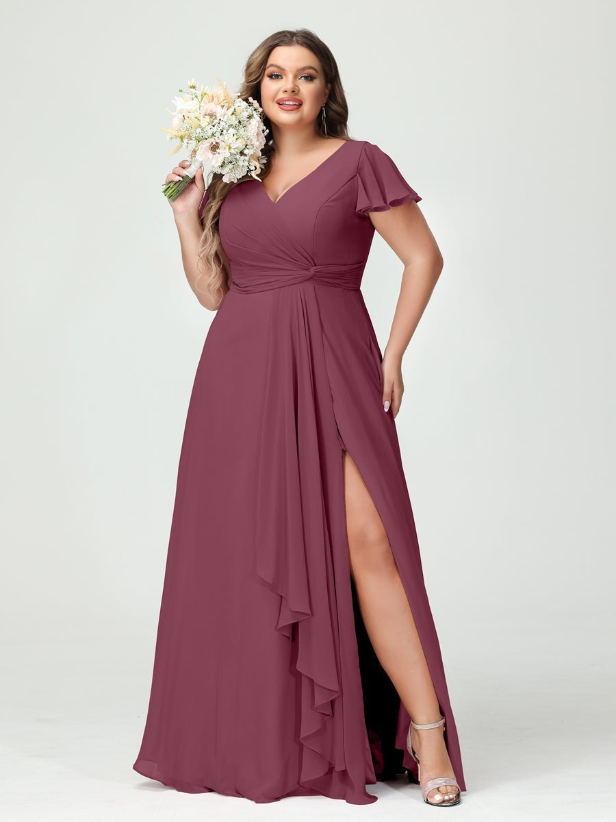 Plus Size Chiffon Bridesmaid Dress with V-Neck, Short Sleeves, and Side Split