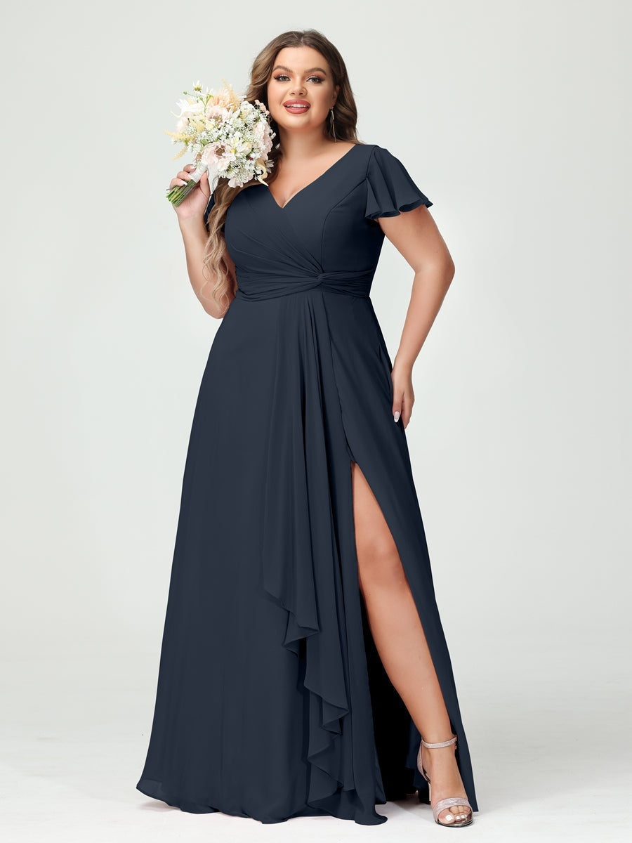 Plus Size Chiffon Bridesmaid Dress with V-Neck, Short Sleeves, and Side Split