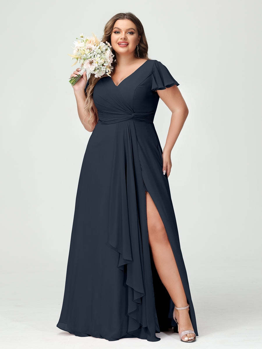 Plus Size Chiffon Bridesmaid Dress with V-Neck, Short Sleeves, and Side Split