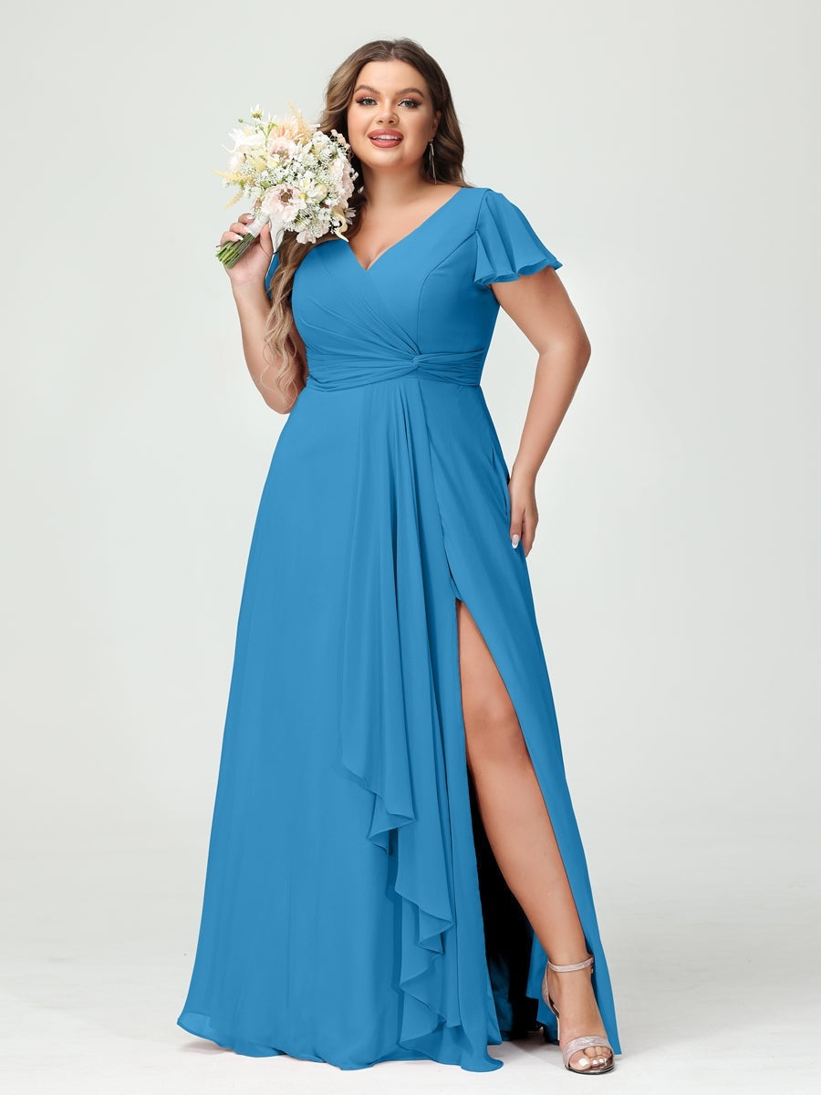 Plus Size Chiffon Bridesmaid Dress with V-Neck, Short Sleeves, and Side Split