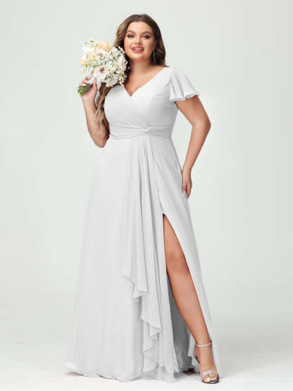 Plus Size Chiffon Bridesmaid Dress with V-Neck, Short Sleeves, and Side Split