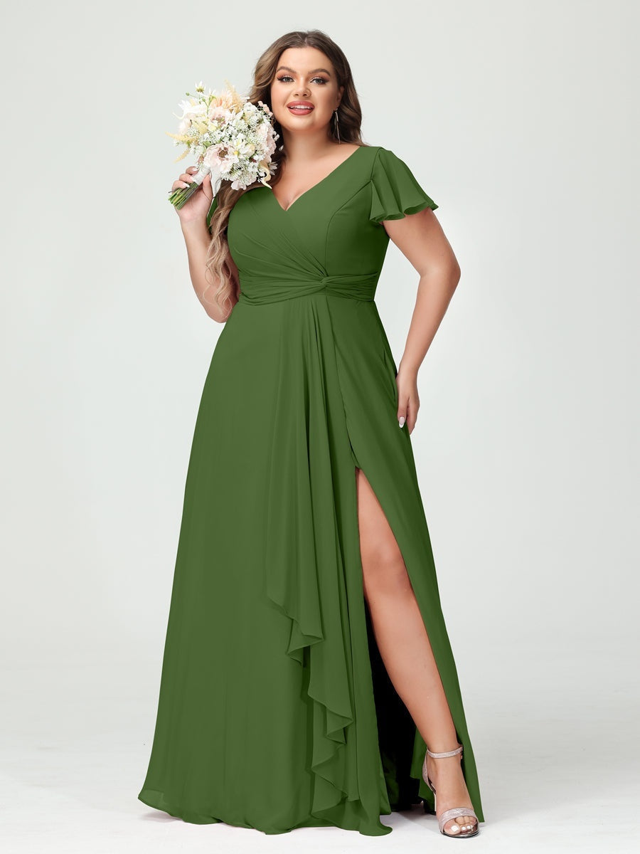 Plus Size Chiffon Bridesmaid Dress with V-Neck, Short Sleeves, and Side Split