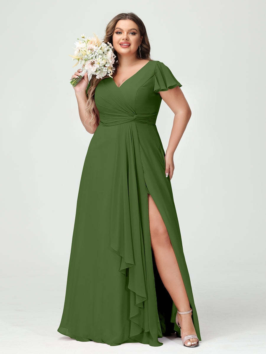 Plus Size Chiffon Bridesmaid Dress with V-Neck, Short Sleeves, and Side Split
