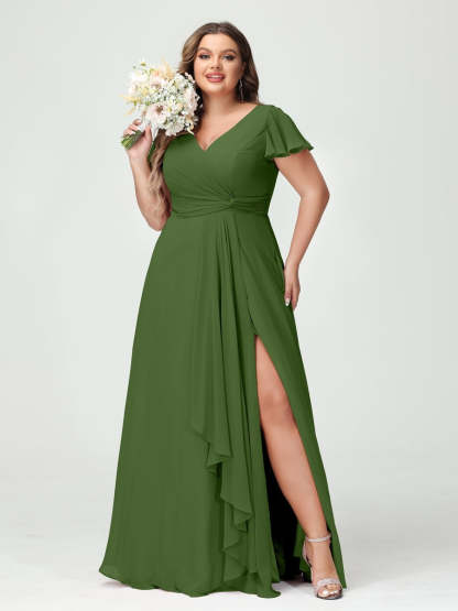 Plus Size Chiffon Bridesmaid Dress with V-Neck, Short Sleeves, and Side Split