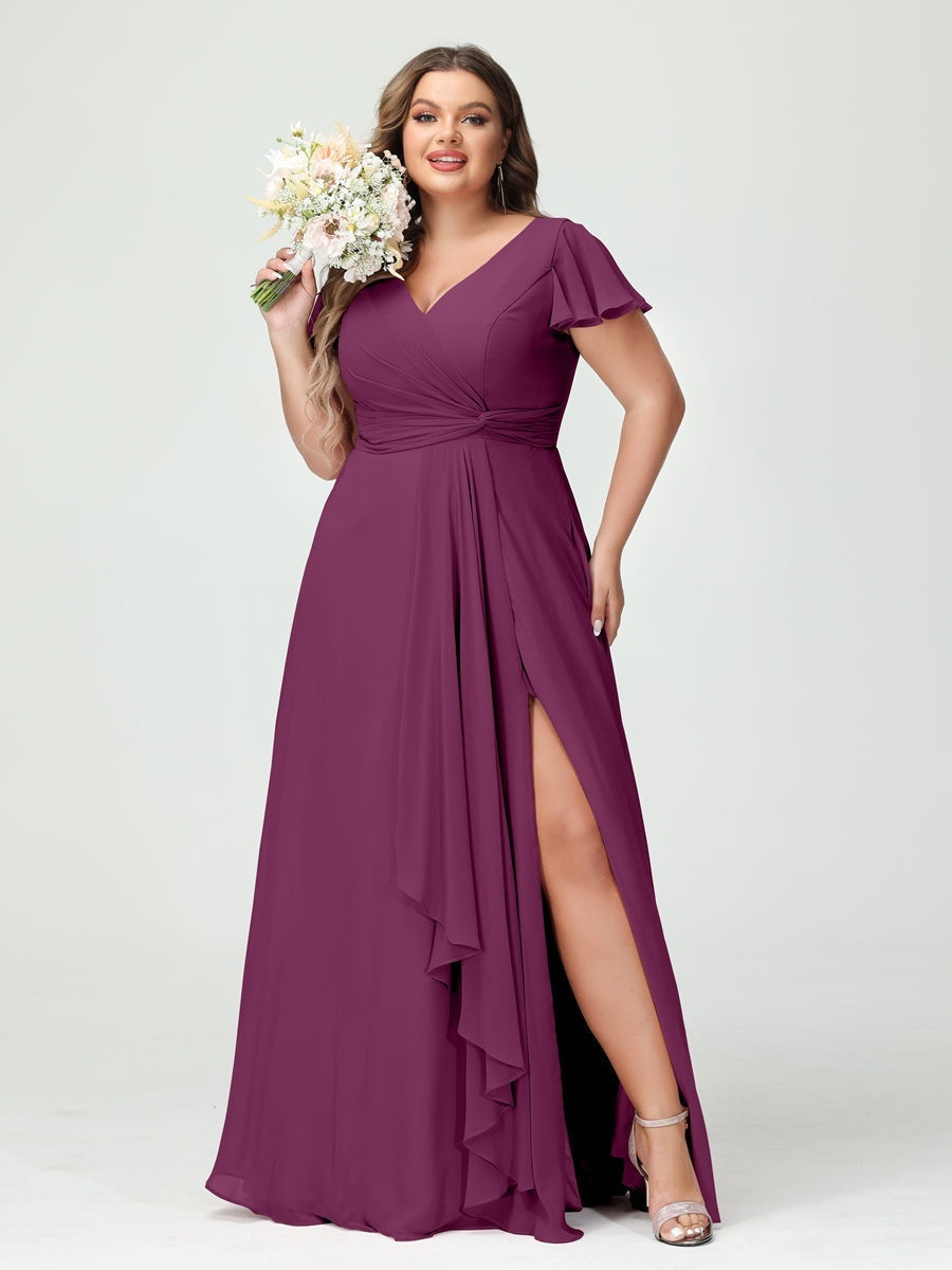 Plus Size Chiffon Bridesmaid Dress with V-Neck, Short Sleeves, and Side Split