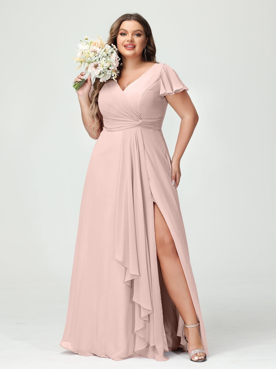 Plus Size Chiffon Bridesmaid Dress with V-Neck, Short Sleeves, and Side Split