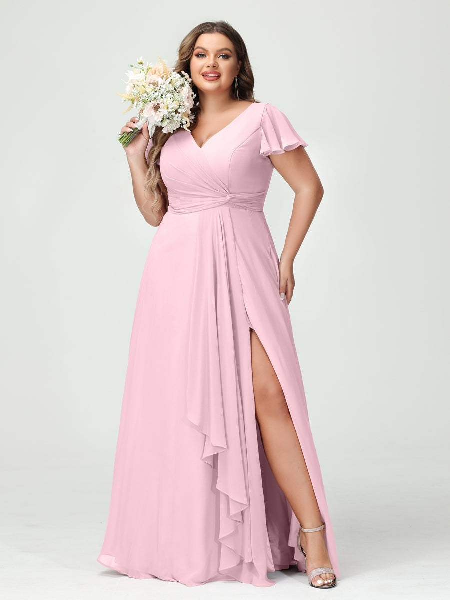 Plus Size Chiffon Bridesmaid Dress with V-Neck, Short Sleeves, and Side Split