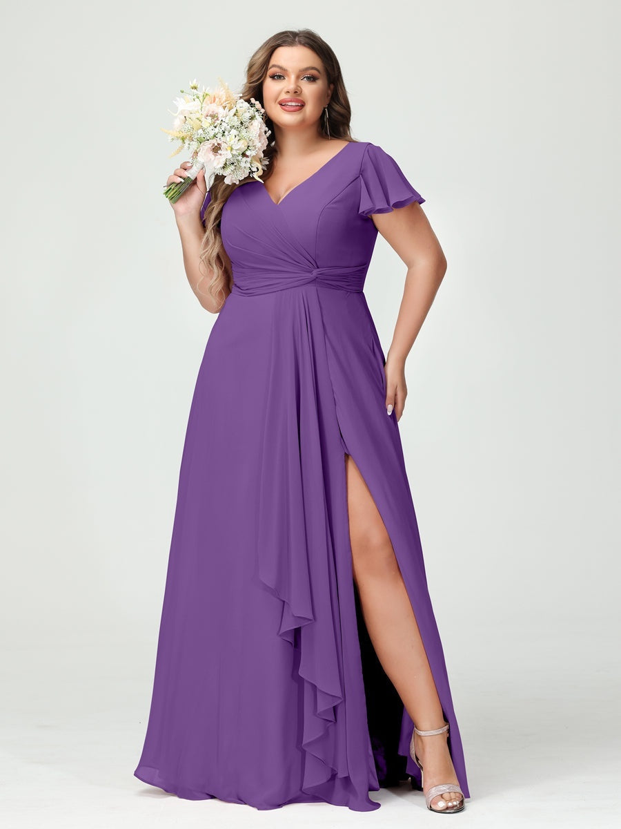 Plus Size Chiffon Bridesmaid Dress with V-Neck, Short Sleeves, and Side Split