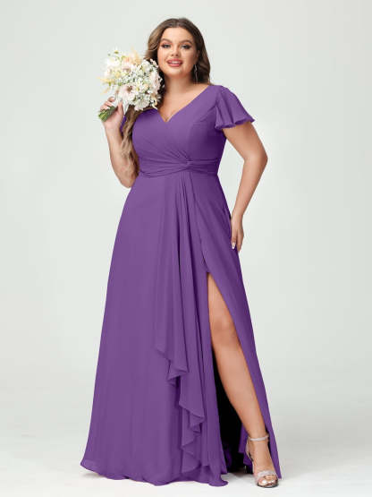 Plus Size Chiffon Bridesmaid Dress with V-Neck, Short Sleeves, and Side Split