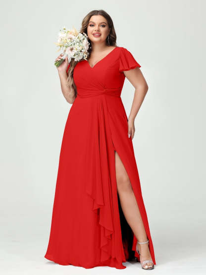 Plus Size Chiffon Bridesmaid Dress with V-Neck, Short Sleeves, and Side Split