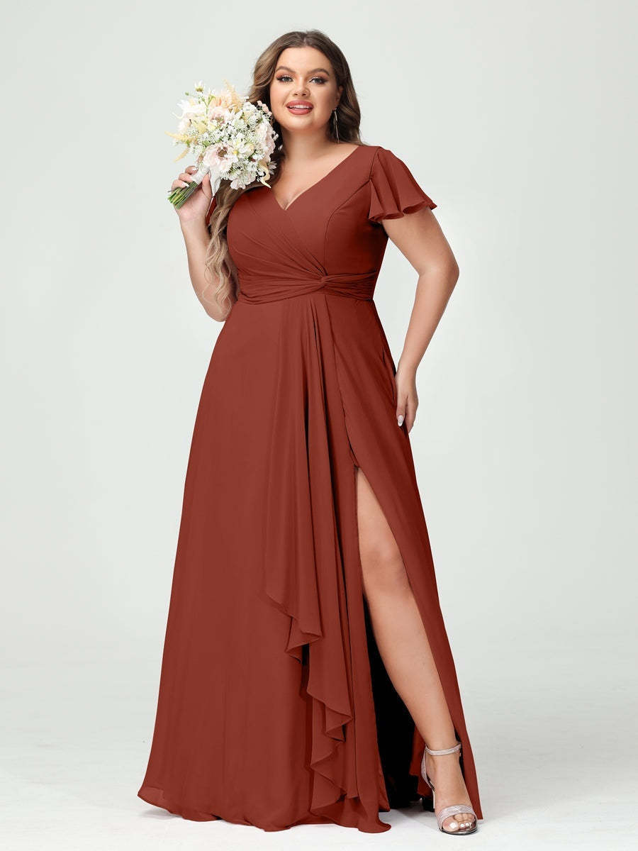 Plus Size Chiffon Bridesmaid Dress with V-Neck, Short Sleeves, and Side Split