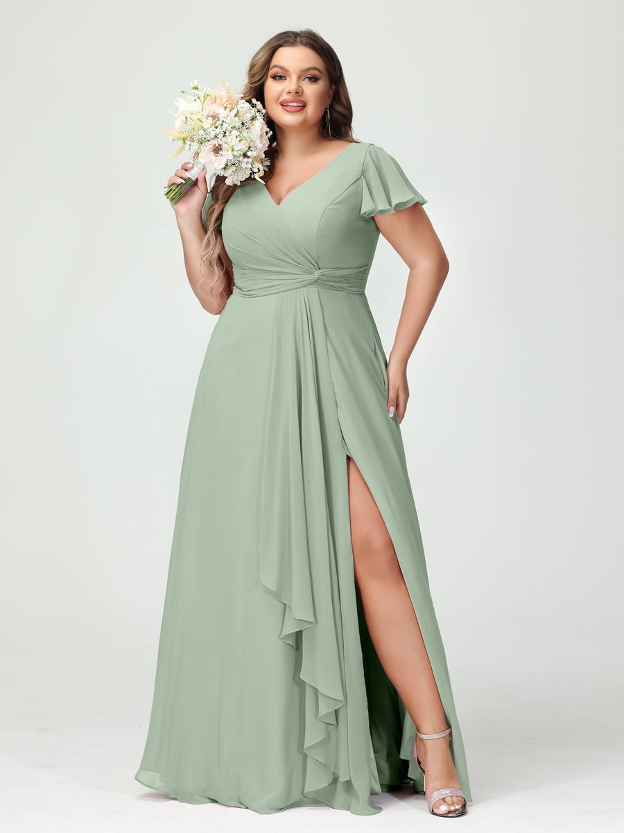 Plus Size Chiffon Bridesmaid Dress with V-Neck, Short Sleeves, and Side Split