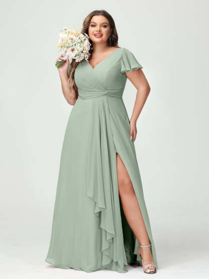 Plus Size Chiffon Bridesmaid Dress with V-Neck, Short Sleeves, and Side Split