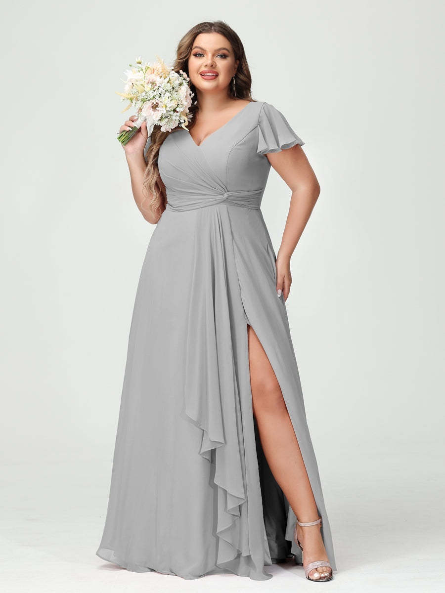 Plus Size Chiffon Bridesmaid Dress with V-Neck, Short Sleeves, and Side Split
