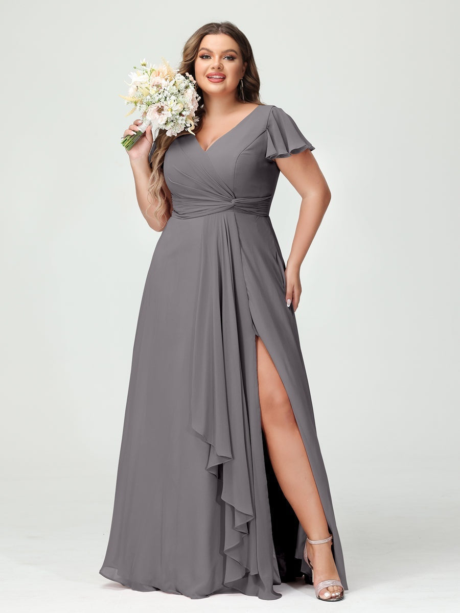 Plus Size Chiffon Bridesmaid Dress with V-Neck, Short Sleeves, and Side Split