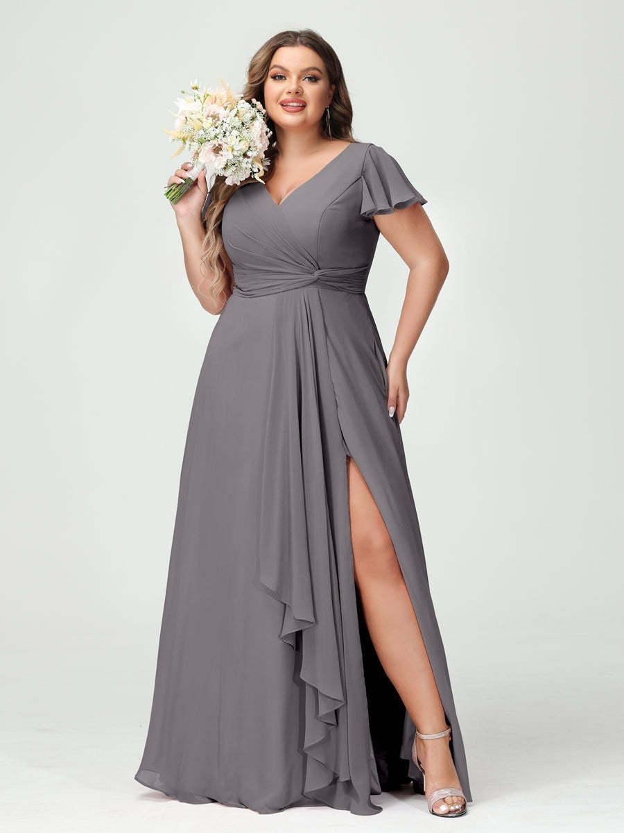Plus Size Chiffon Bridesmaid Dress with V-Neck, Short Sleeves, and Side Split