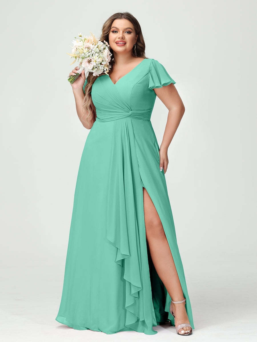 Plus Size Chiffon Bridesmaid Dress with V-Neck, Short Sleeves, and Side Split
