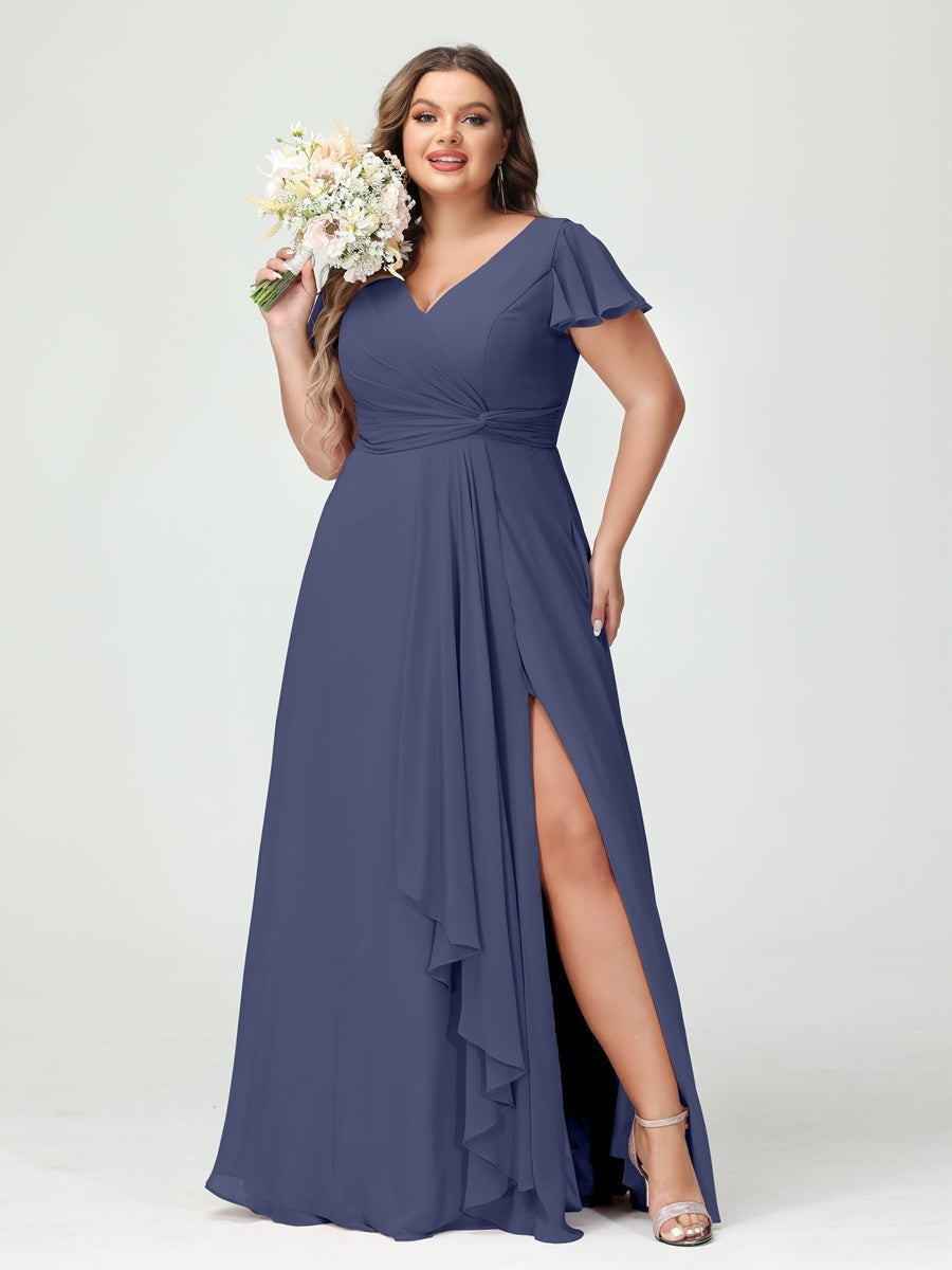 Plus Size Chiffon Bridesmaid Dress with V-Neck, Short Sleeves, and Side Split