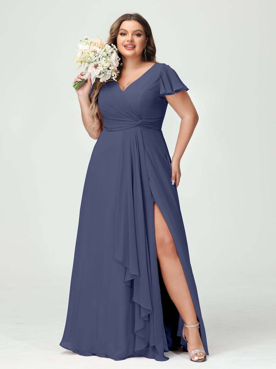 Plus Size Chiffon Bridesmaid Dress with V-Neck, Short Sleeves, and Side Split