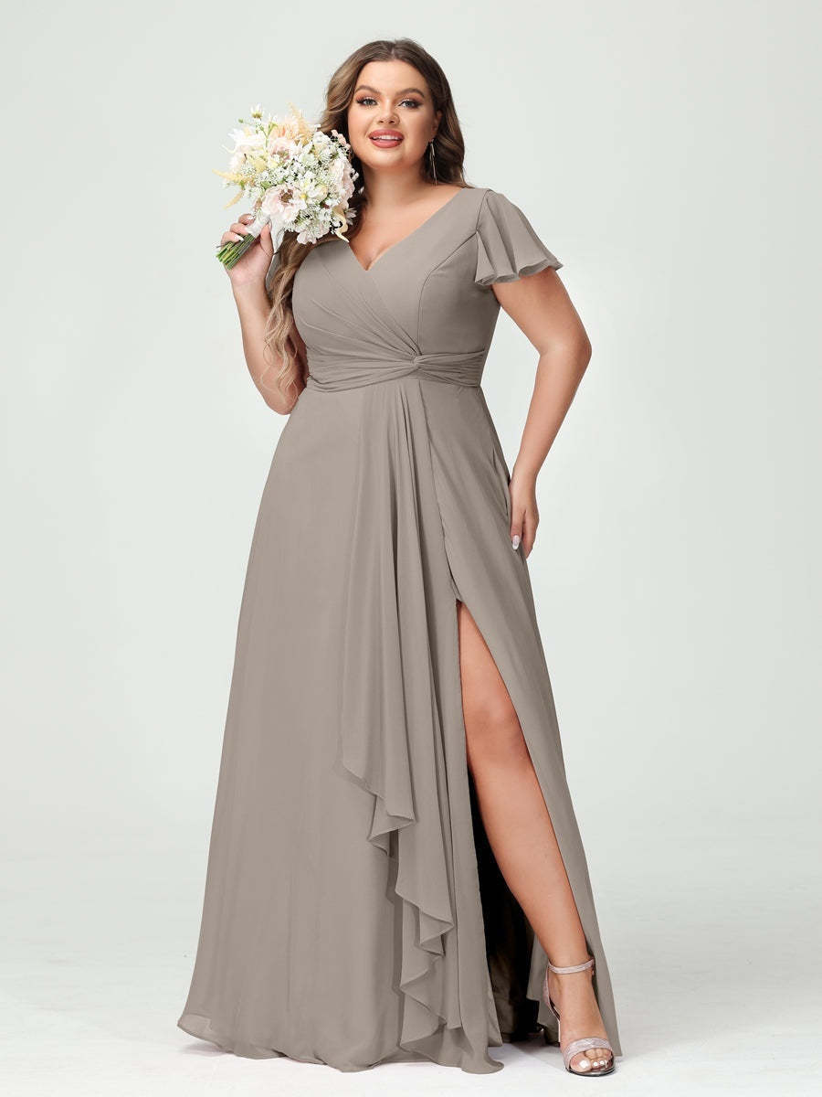 Plus Size Chiffon Bridesmaid Dress with V-Neck, Short Sleeves, and Side Split