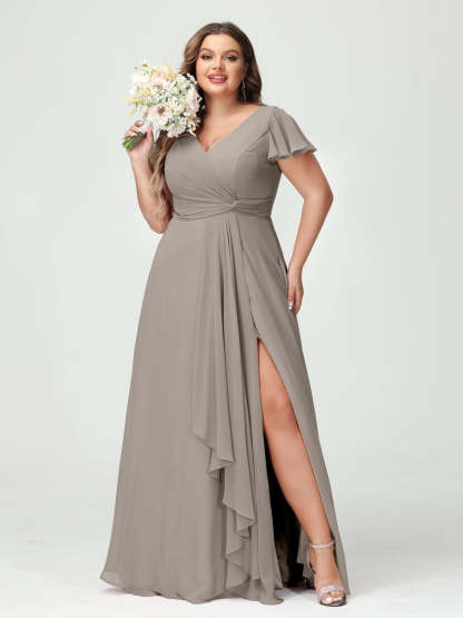 Plus Size Chiffon Bridesmaid Dress with V-Neck, Short Sleeves, and Side Split
