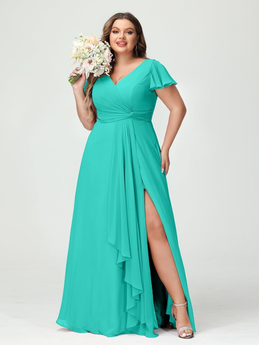 Plus Size Chiffon Bridesmaid Dress with V-Neck, Short Sleeves, and Side Split