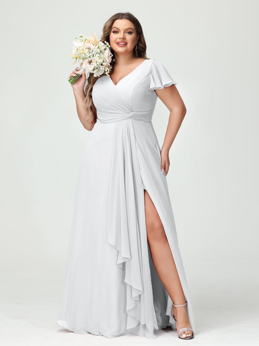 Plus Size Chiffon Bridesmaid Dress with V-Neck, Short Sleeves, and Side Split