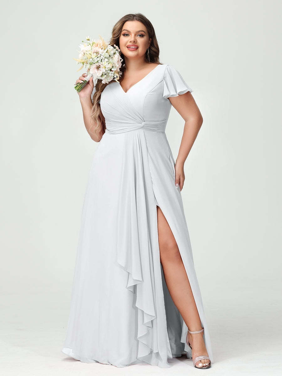 Plus Size Chiffon Bridesmaid Dress with V-Neck, Short Sleeves, and Side Split