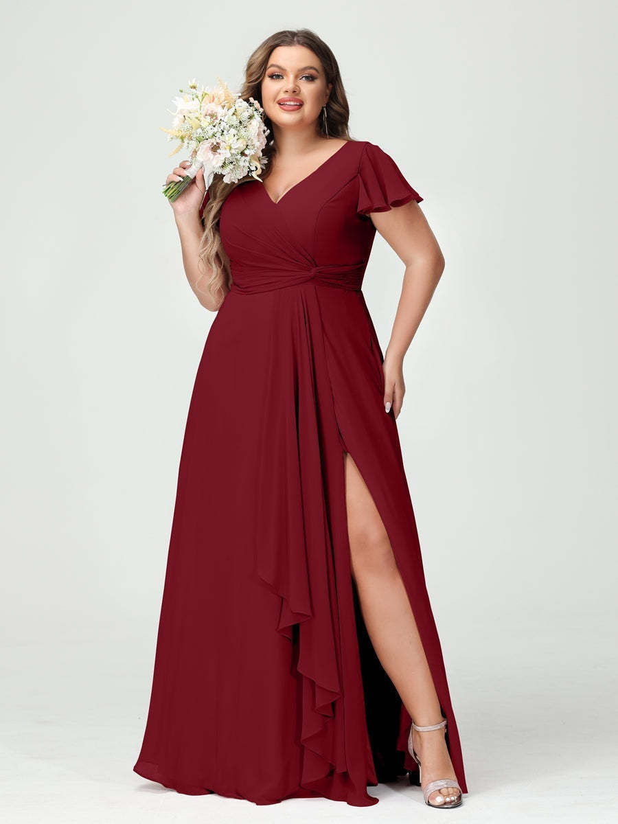 Plus Size Chiffon Bridesmaid Dress with V-Neck, Short Sleeves, and Side Split