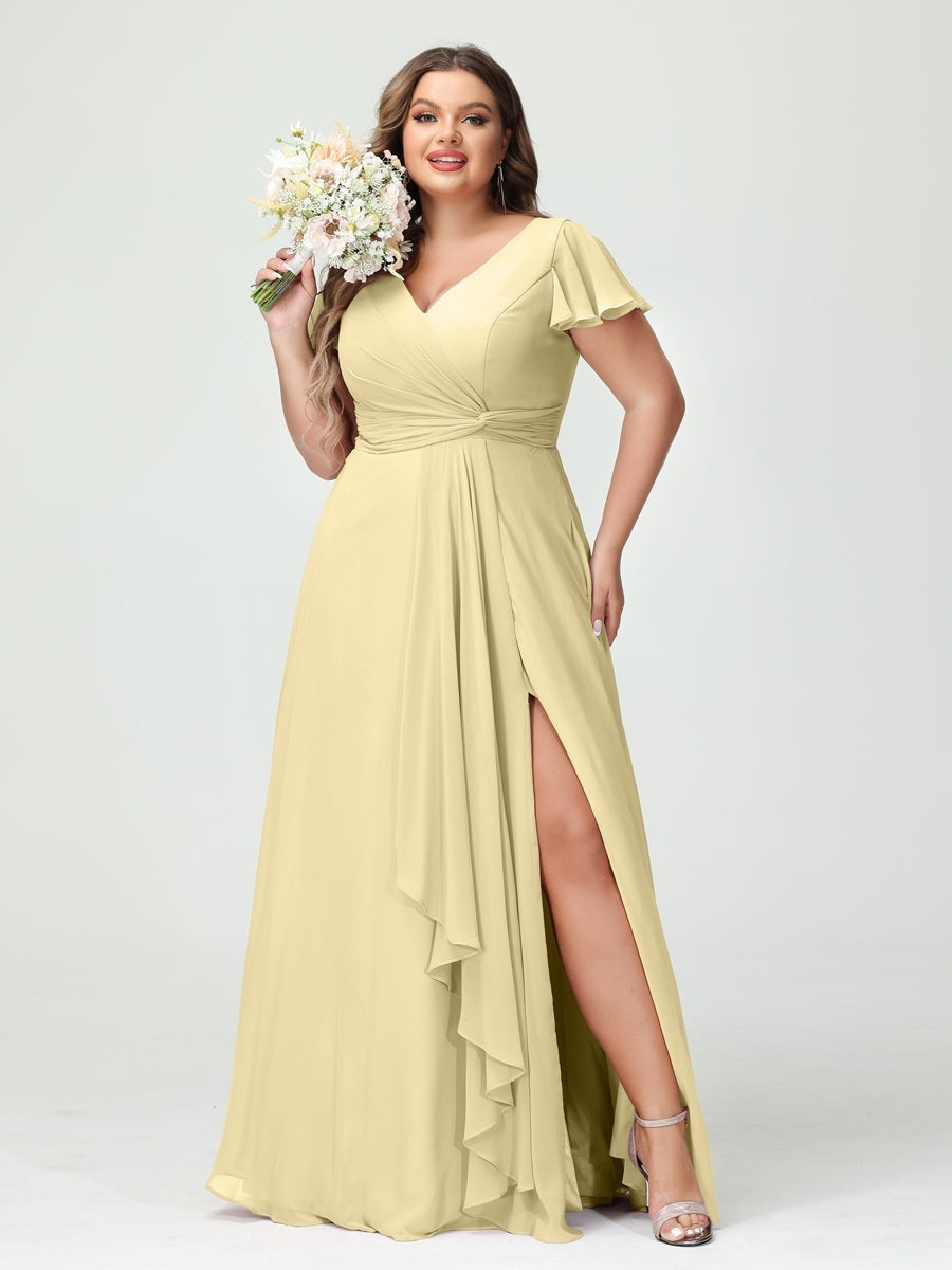Plus Size Chiffon Bridesmaid Dress with V-Neck, Short Sleeves, and Side Split