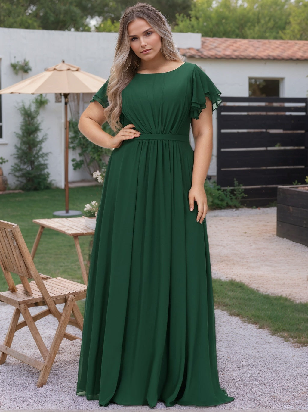 Plus Size Floor-Length A-Line Bridesmaid Dress with Scoop Neck and Ruffled Short Sleeves