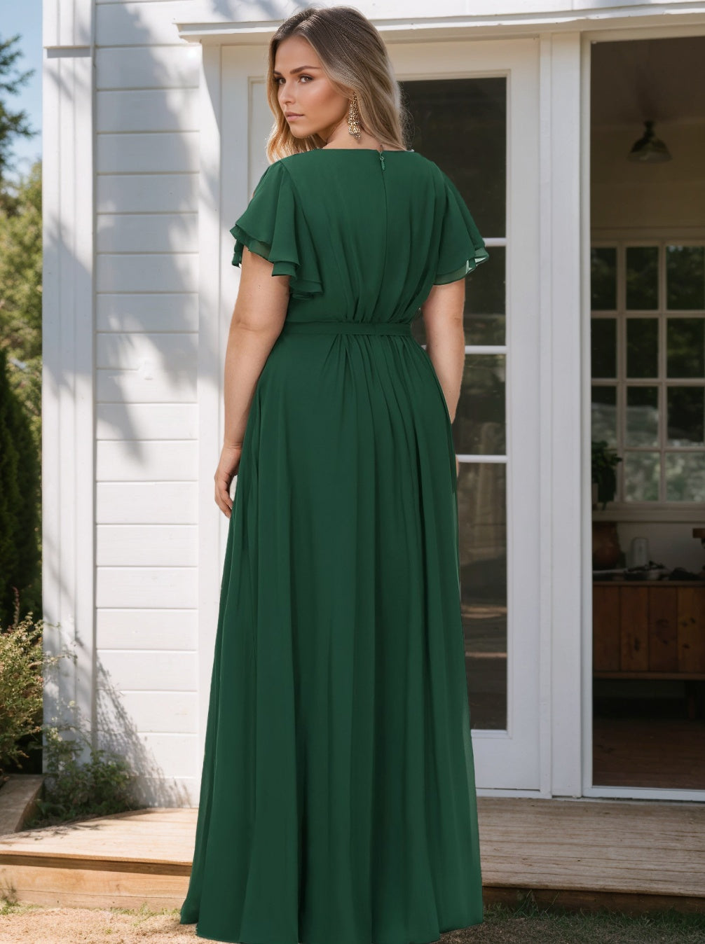 Plus Size Floor-Length A-Line Bridesmaid Dress with Scoop Neck and Ruffled Short Sleeves