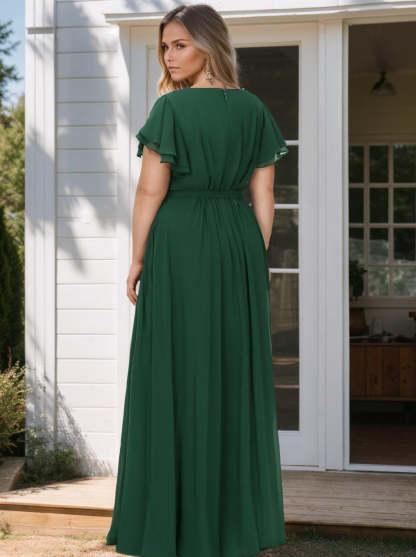 Plus Size Floor-Length A-Line Bridesmaid Dress with Scoop Neck and Ruffled Short Sleeves
