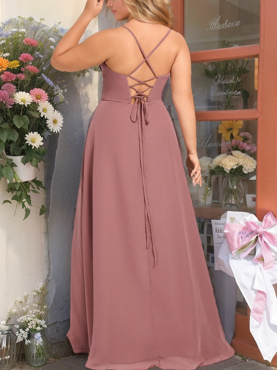 Princess A-Line Floor-Length Plus Size Bridesmaid Dress with V-Neck and Spaghetti Straps