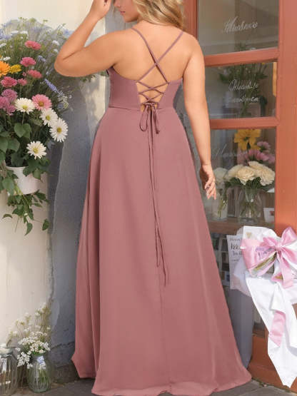 Princess A-Line V-Neck Spaghetti Strap Floor-Length Plus Size Bridesmaid Dress