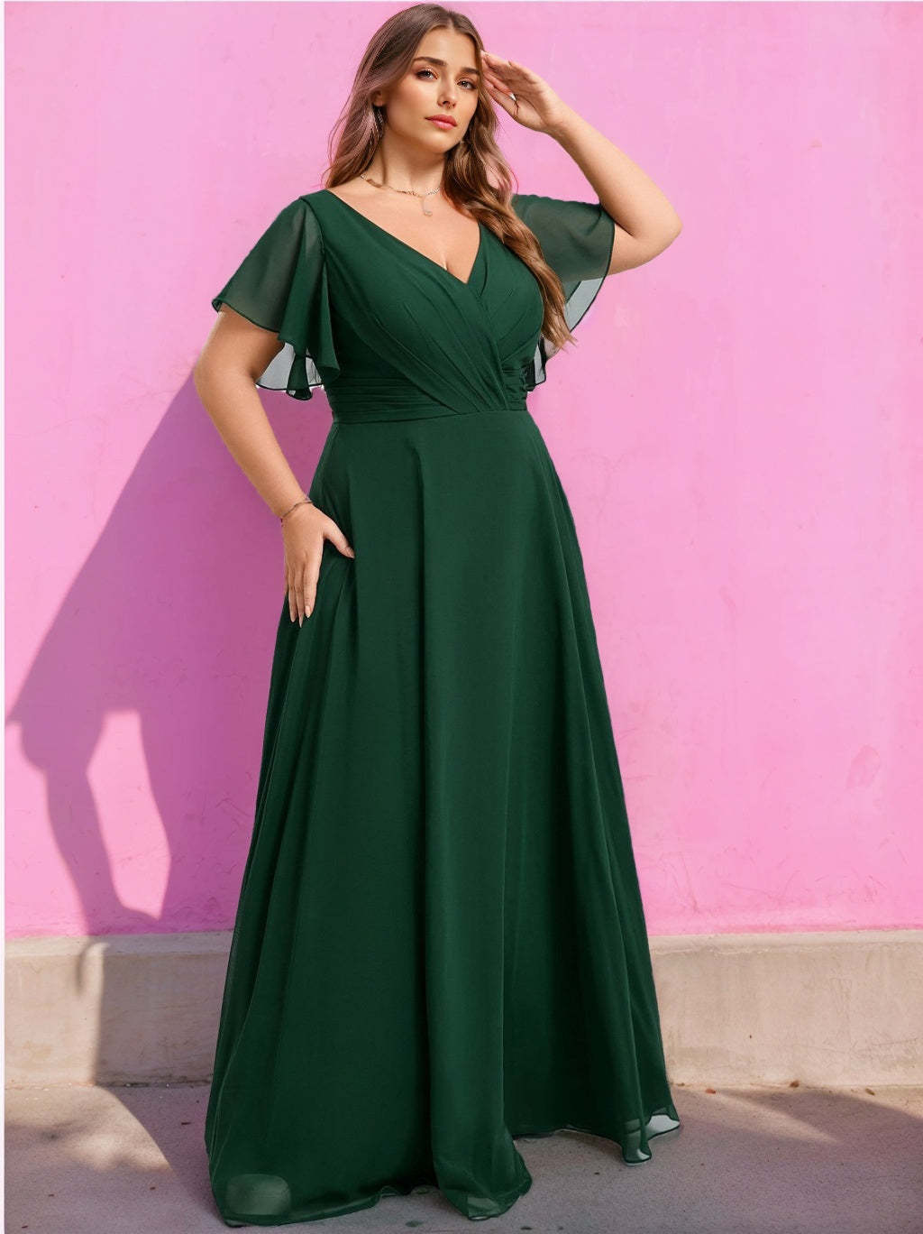 Plus Size Floor-Length Chiffon Bridesmaid Dress with V-Neck and Side Split