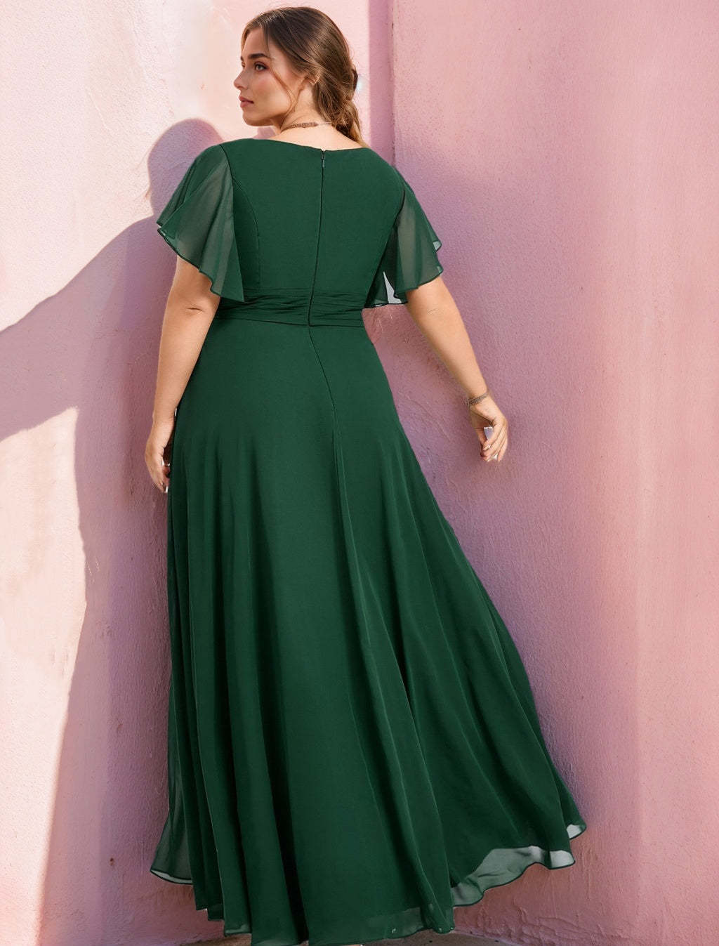 Plus Size Floor-Length Chiffon Bridesmaid Dress with V-Neck and Side Split