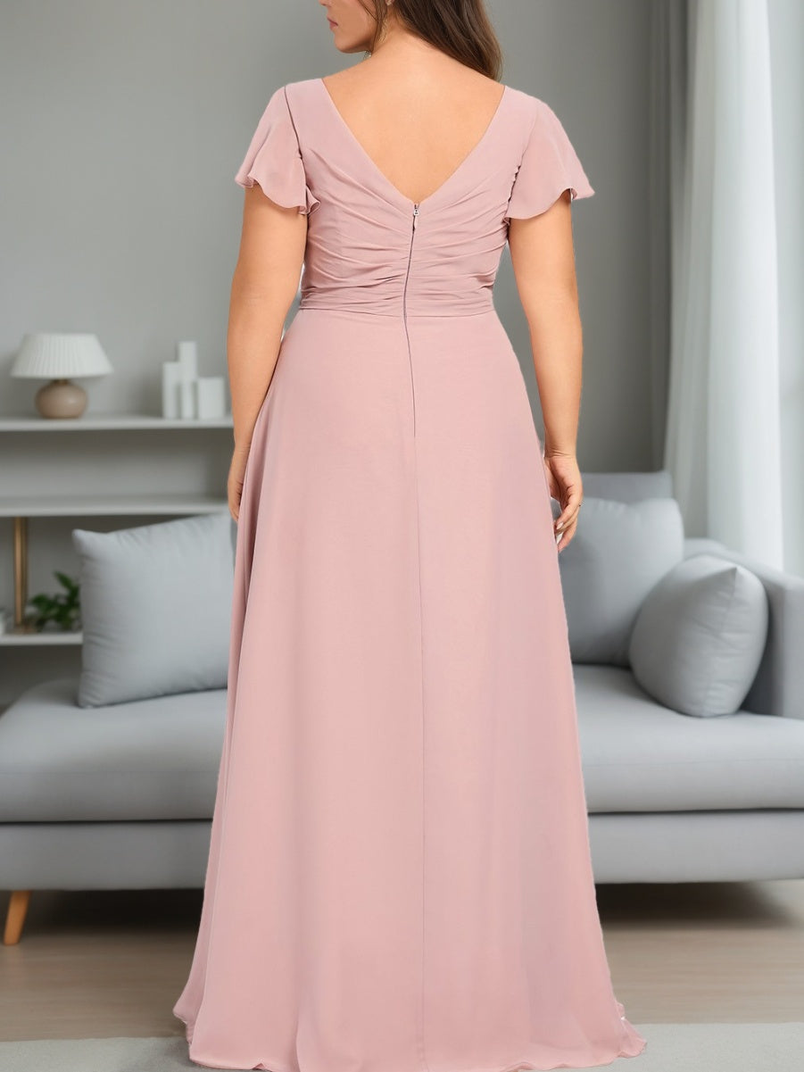 Unique Plus Size Bridesmaid Dresses with Ruffles: A-Line/Princess V-Neck Short Sleeves Floor-Length
