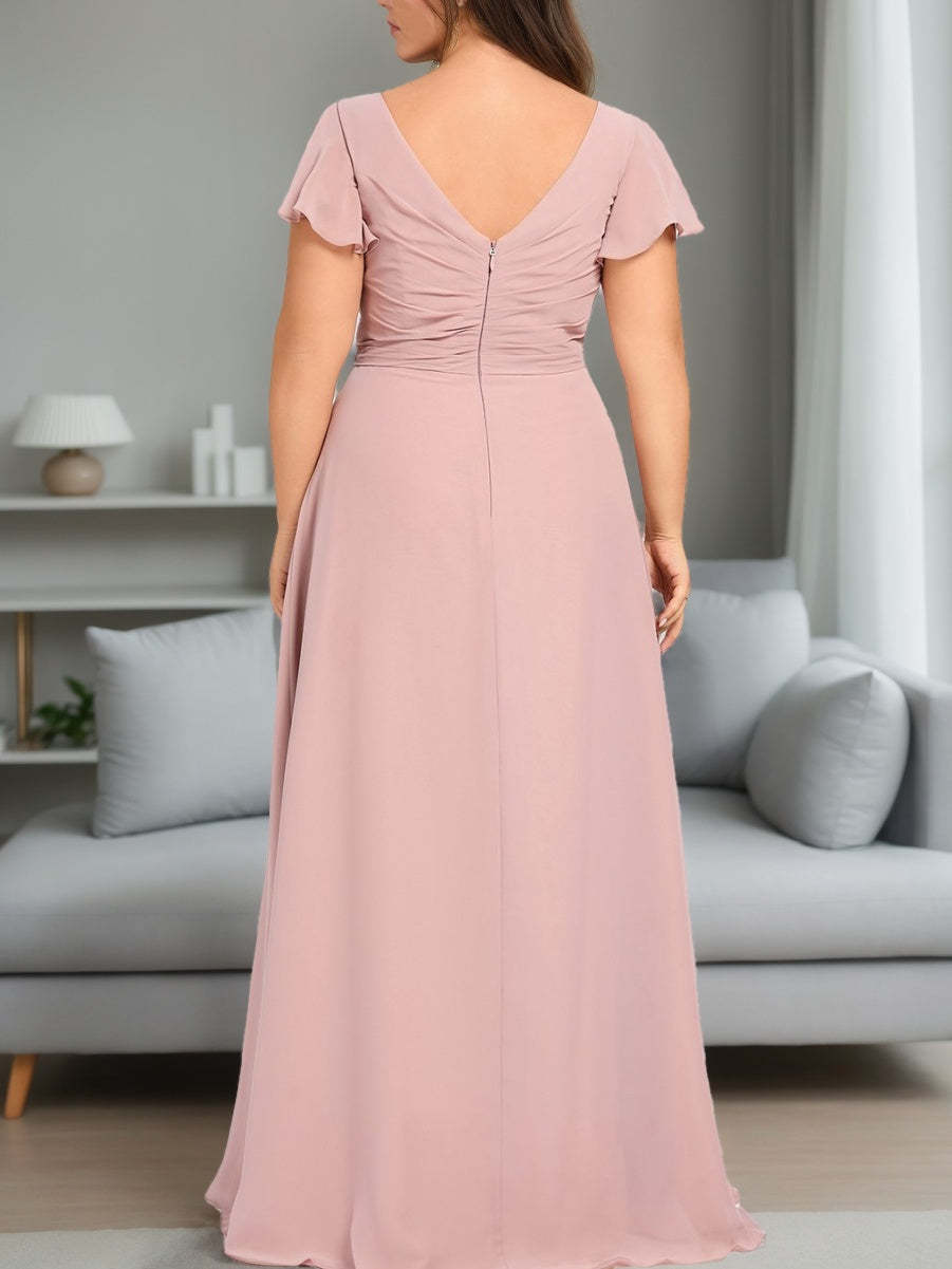 Unique Plus Size Bridesmaid Dresses with Ruffles: A-Line/Princess V-Neck Short Sleeves Floor-Length