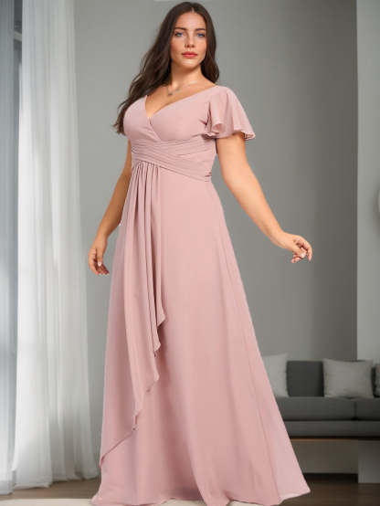 Unique Plus Size Bridesmaid Dresses with Ruffles: A-Line/Princess V-Neck Short Sleeves Floor-Length