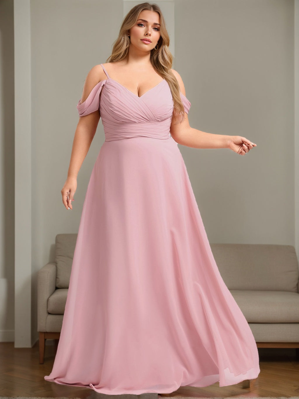 Princess A-Line Spaghetti Strap Floor-Length Plus Size Ruffled Bridesmaid Dress