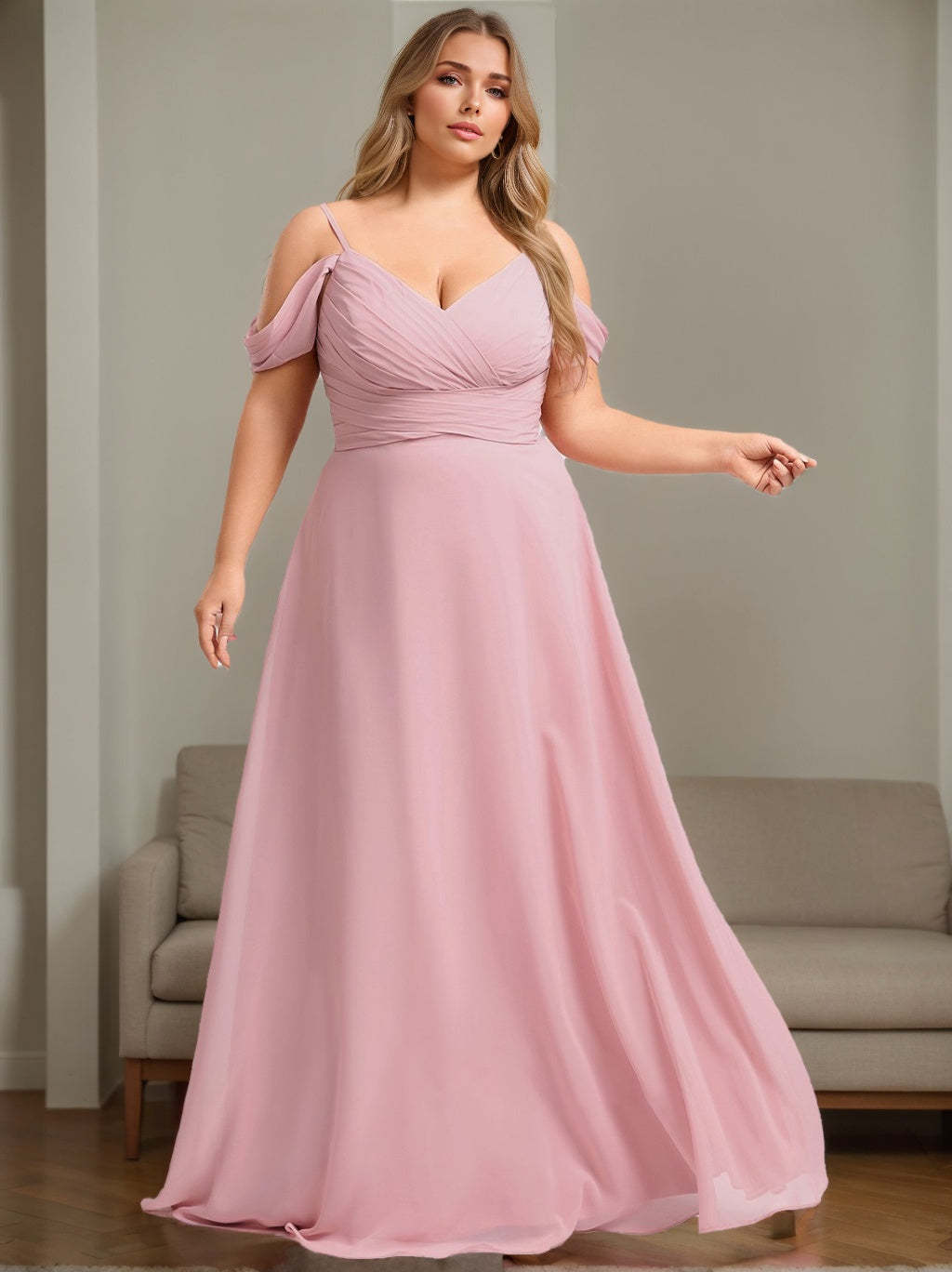 Princess A-Line Spaghetti Strap Floor-Length Plus Size Ruffled Bridesmaid Dress
