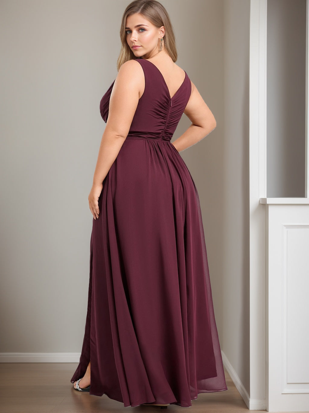 Sleeveless Plus Size Chiffon Bridesmaid Dress with Ruffles in A-Line/Princess Floor-Length Style