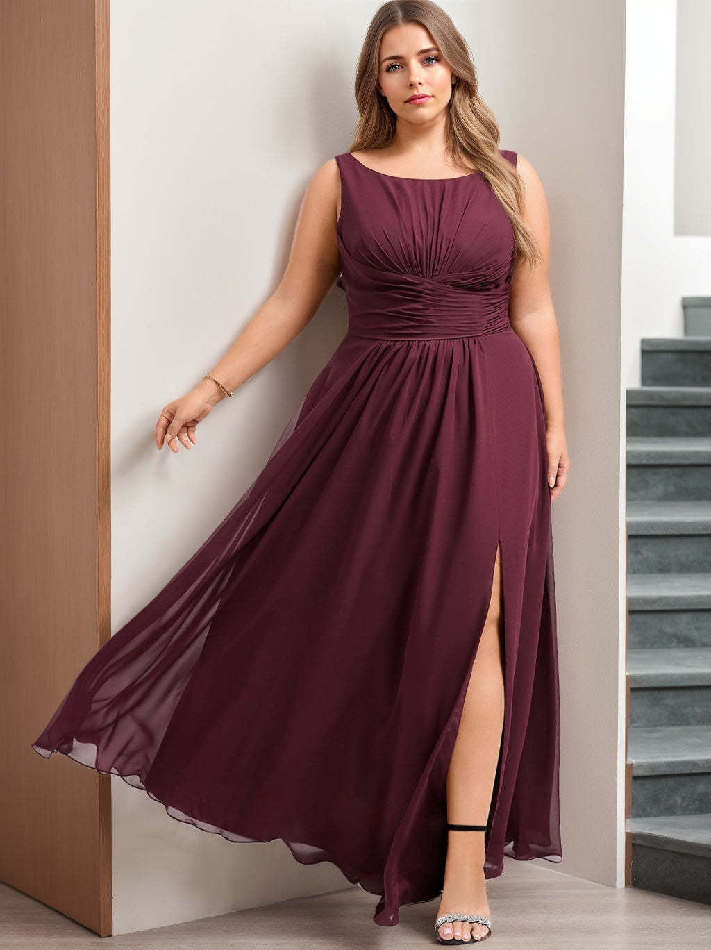 Plus Size Floor-Length Chiffon Bridesmaid Dress in A-Line/Princess Style With Scoop Neck and Ruffles