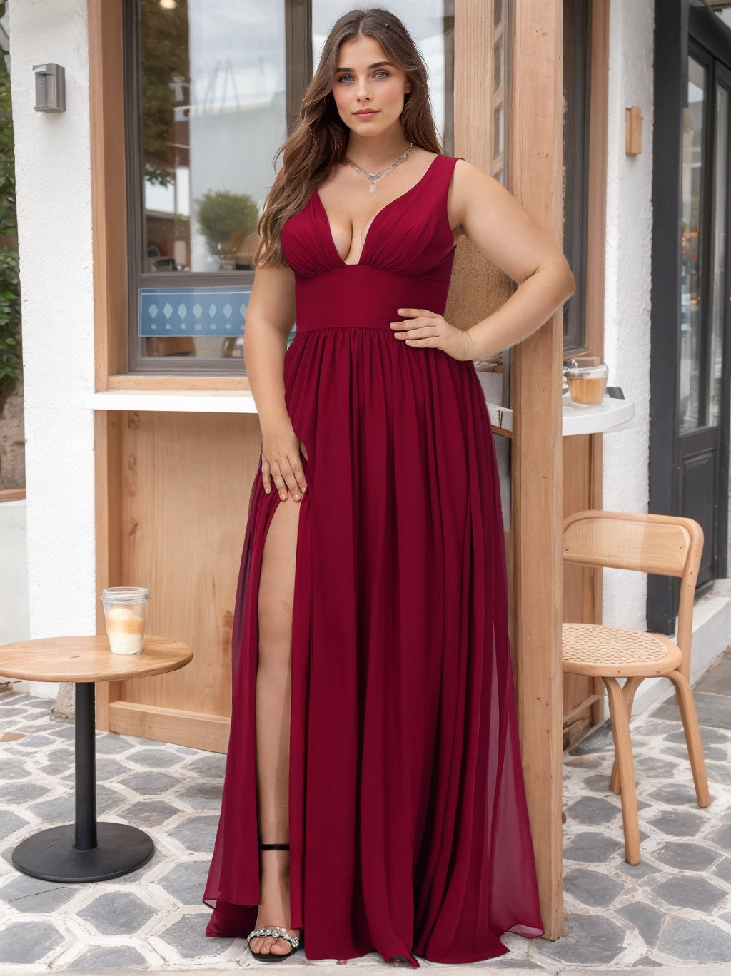 Princess A-Line Floor-Length Plus Size Bridesmaid Dress with Deep V-Neck and Side Split
